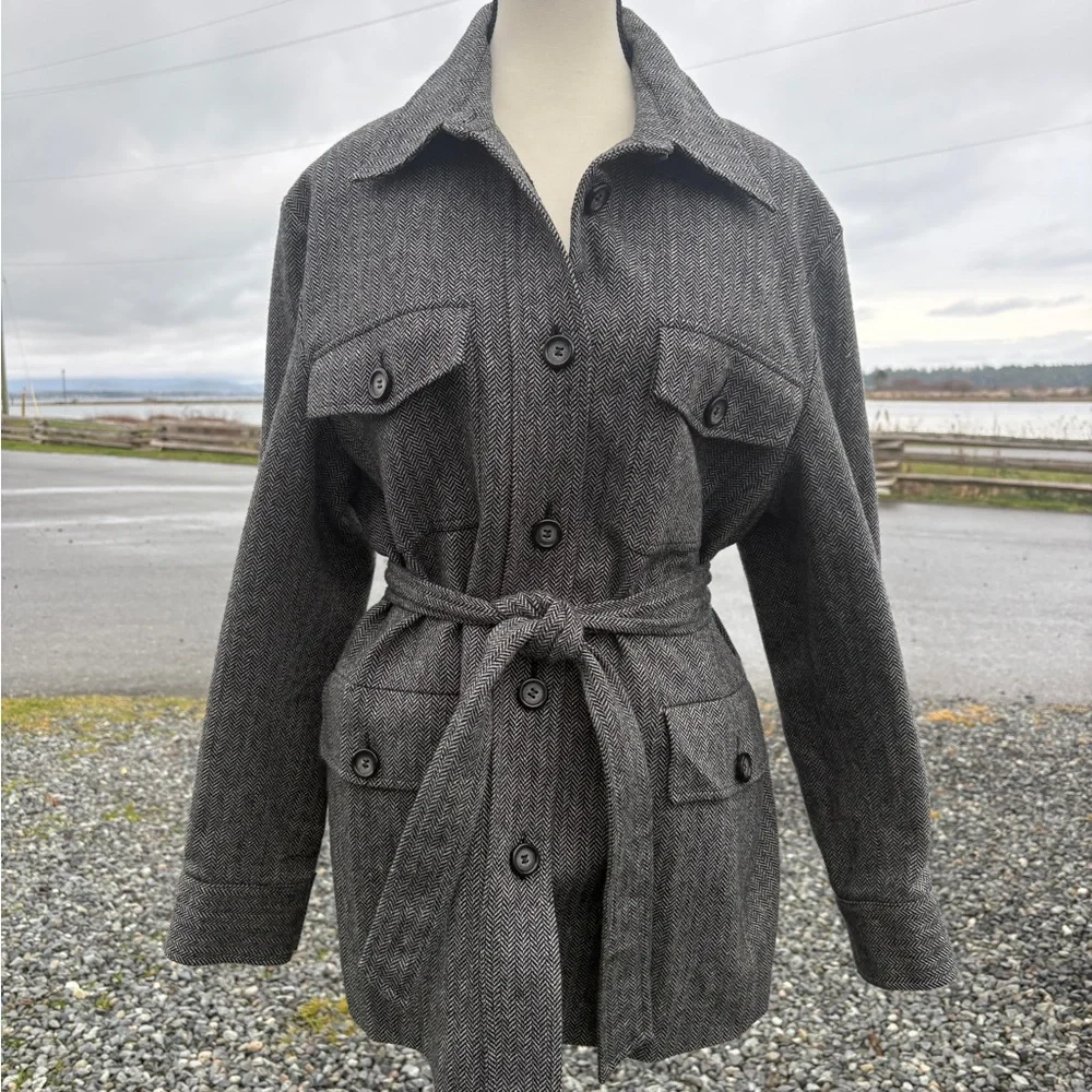 Vintage Herringbone Wool Coat Sz 12 - Picture 1 of 11